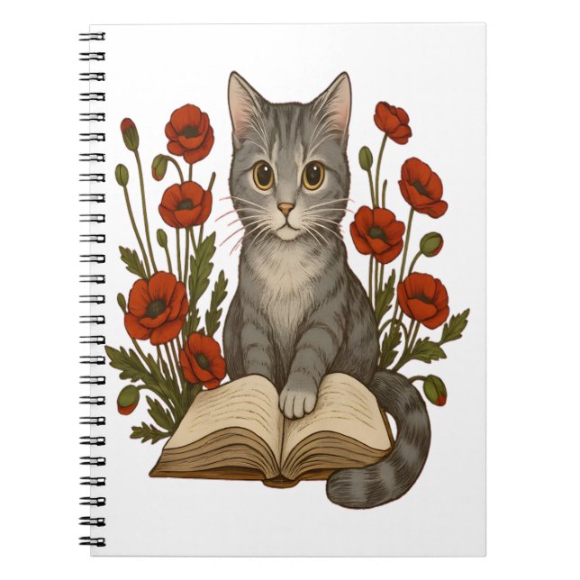 Bookish Cat – Cute Reading Cat With Poppies for Bo Notebook (Front)