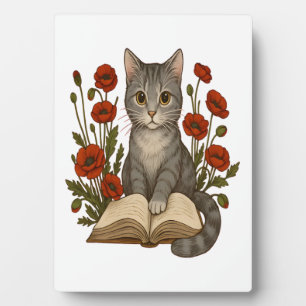 Bookish Cat � Cute Reading Cat With Poppies for Bo Plaque