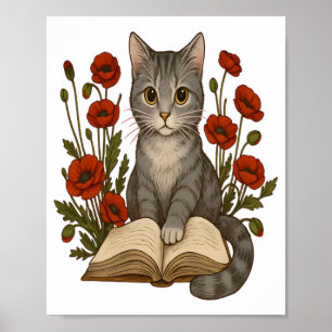 Bookish Cat – Cute Reading Cat With Poppies for Bo Poster