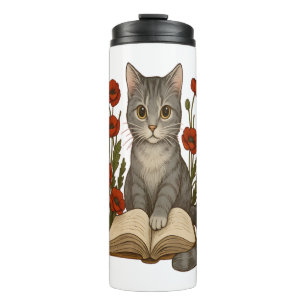 Bookish Cat – Cute Reading Cat With Poppies for Bo Thermal Tumbler