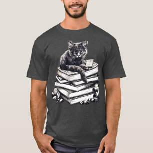 Bookish cat sleeping on books Kitten lady libraria T-Shirt