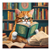 Bookish Cat Wall Art Print – Cute Reading Cat 