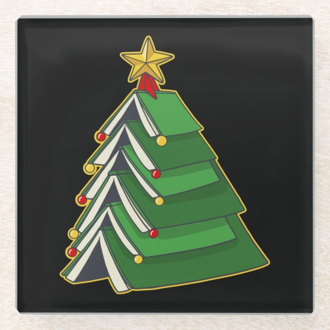 Bookish Christmas Tree IV Glass Coaster (Front)