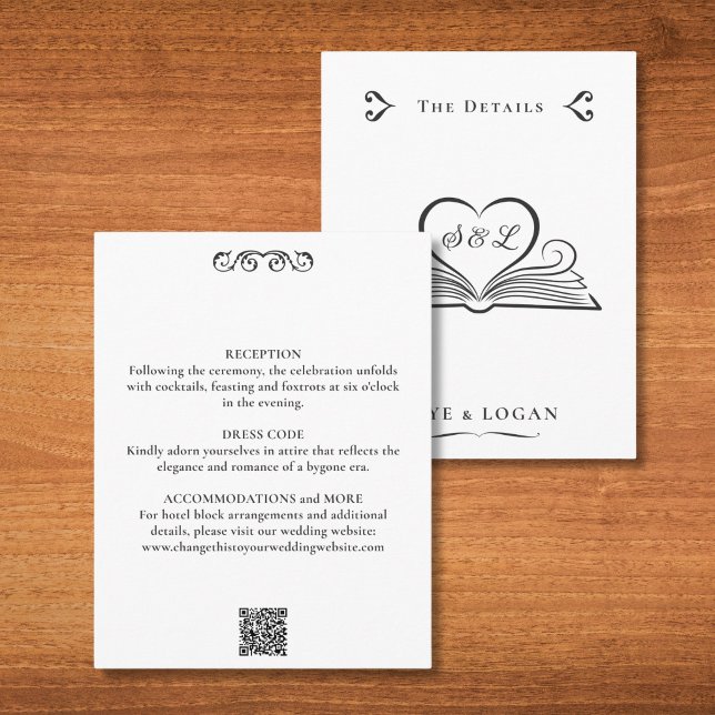 Bookish Heart Monogram Library Wedding Details Enclosure Card (Wedding Details card with bookish flourish and your monogram)