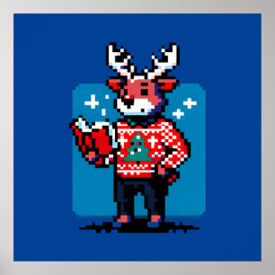 Bookish Reindeer - Cozy Pixel Art Christmas Design Poster