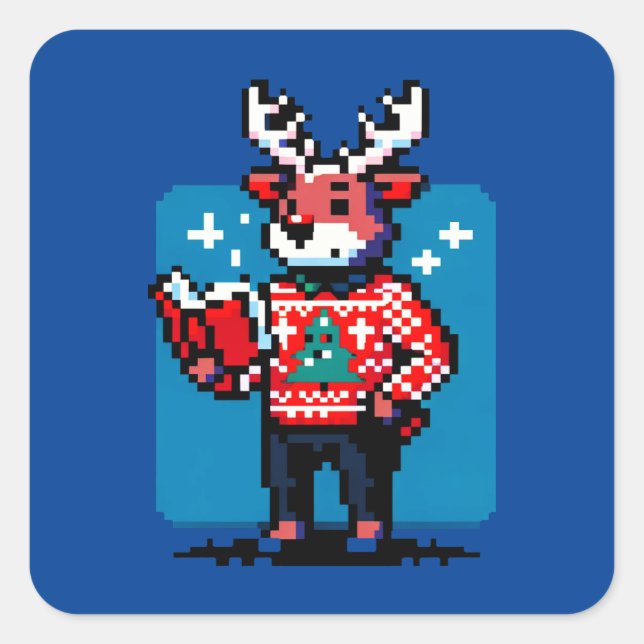 Bookish Reindeer - Cozy Pixel Art Christmas Design Square Sticker (Front)