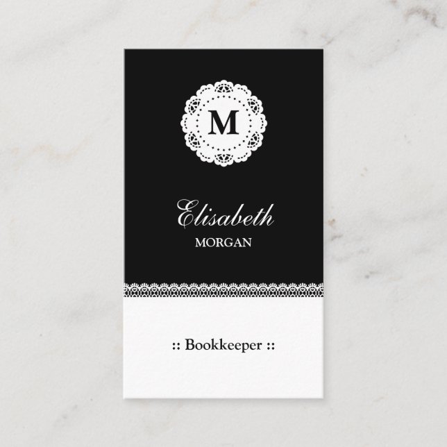 Bookkeeper Black White Lace Monogram Business Card (Front)