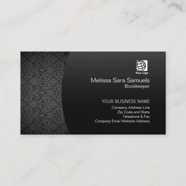 Bookkeeper Finance Services Elegant Black Damask Business Card (Front)
