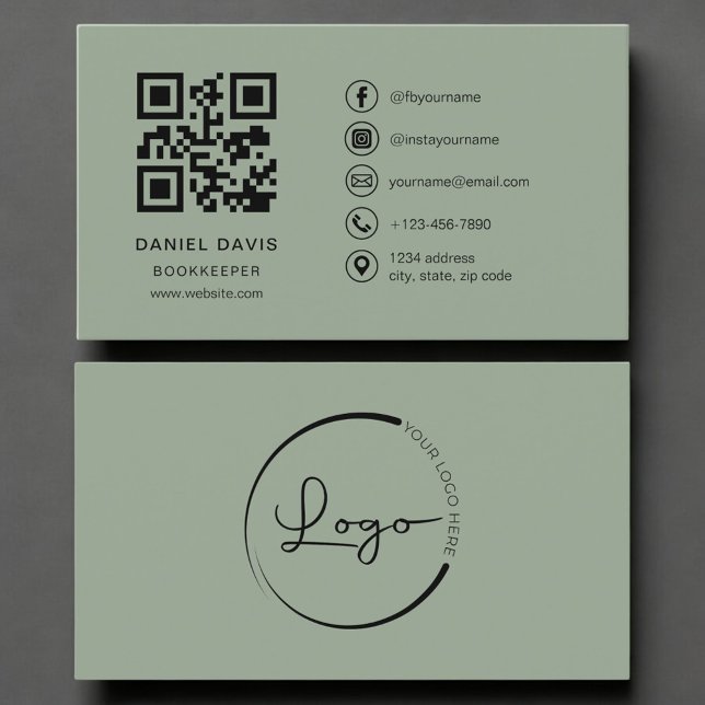 Bookkeeper Sage Green Logo QR Code  Business Card (Creator Uploaded)
