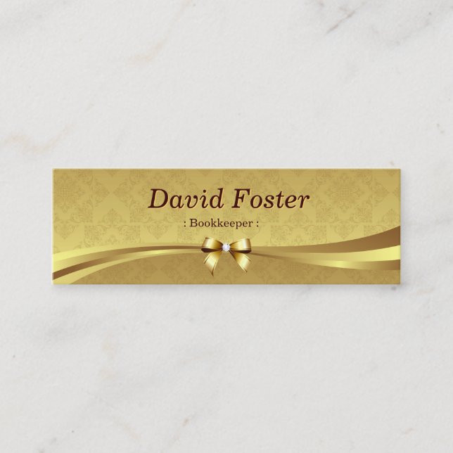 Bookkeeper - Shiny Gold Damask Mini Business Card (Front)