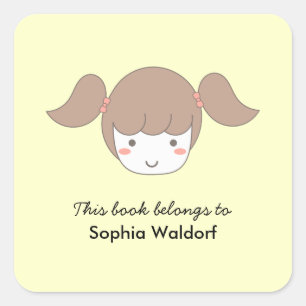 Bookplate Little Girl with Pigtails Square Sticker