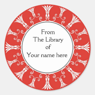 Bookplate - Red Flourish Flowers Classic Round Sticker