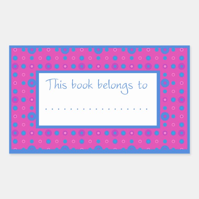 Bookplate Stickers, Pink and Blue Dots on Magenta Rectangular Sticker (Front)