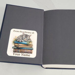 Bookplate with Cat Lying on Books Square Sticker