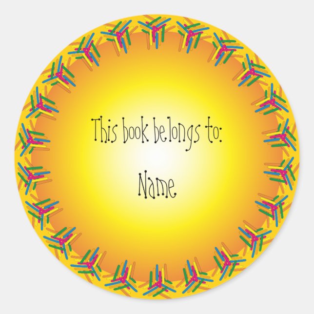 Bookplate with colourful border classic round sticker (Front)