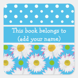 Bookplates to Personalise: Polkas, Daisies on Blue Square Sticker