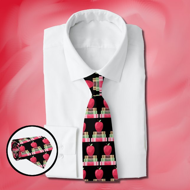 Books and Apple Teacher Black Neck Tie (Creator Uploaded)