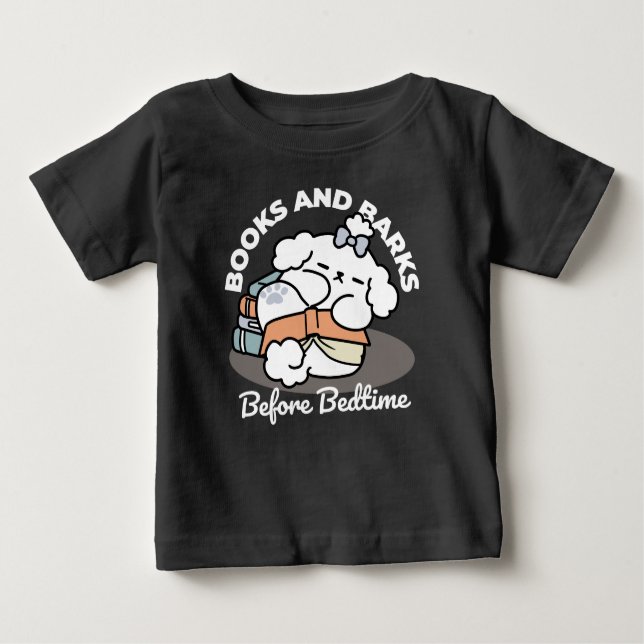 Books and Barks – Cute Sleepy Dog Reading Design Baby T-Shirt (Front)