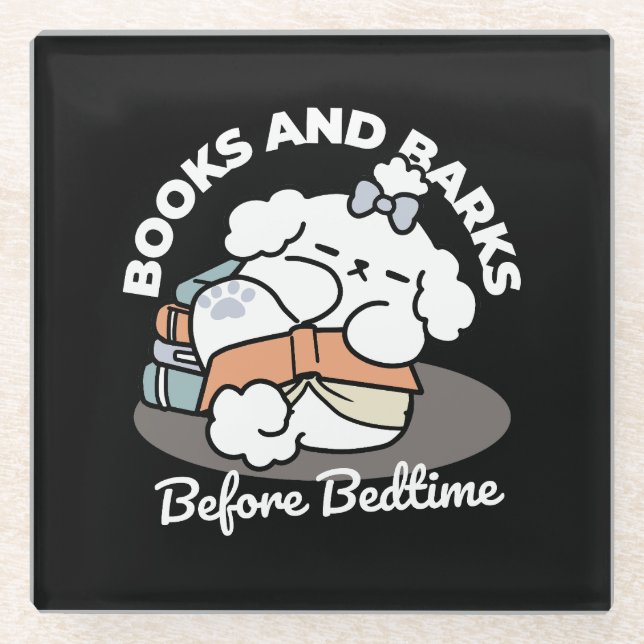Books and Barks – Cute Sleepy Dog Reading Design Glass Coaster (Front)