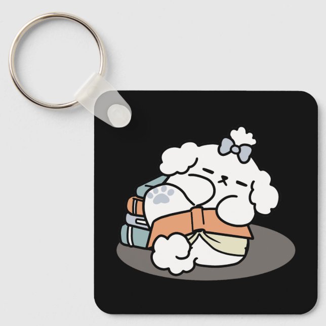 Books and Barks – Cute Sleepy Dog Reading Design Key Ring (Front)
