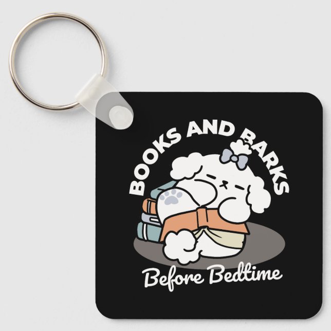 Books and Barks – Cute Sleepy Dog Reading Design Key Ring (Front)