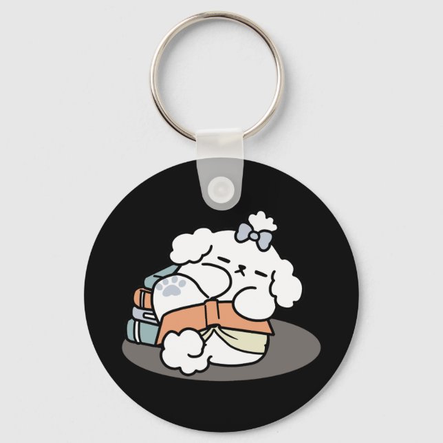 Books and Barks – Cute Sleepy Dog Reading Design Key Ring (Front)