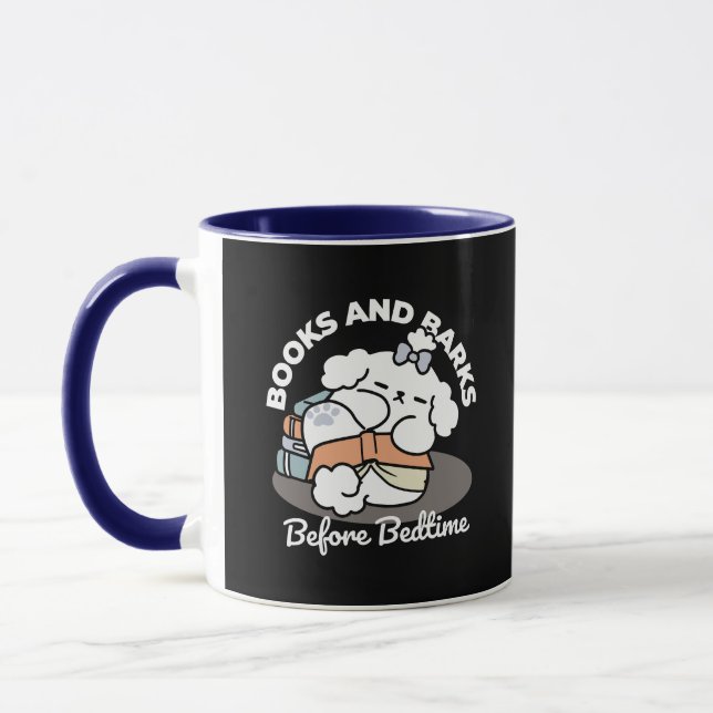 Books and Barks – Cute Sleepy Dog Reading Design Mug (Left)