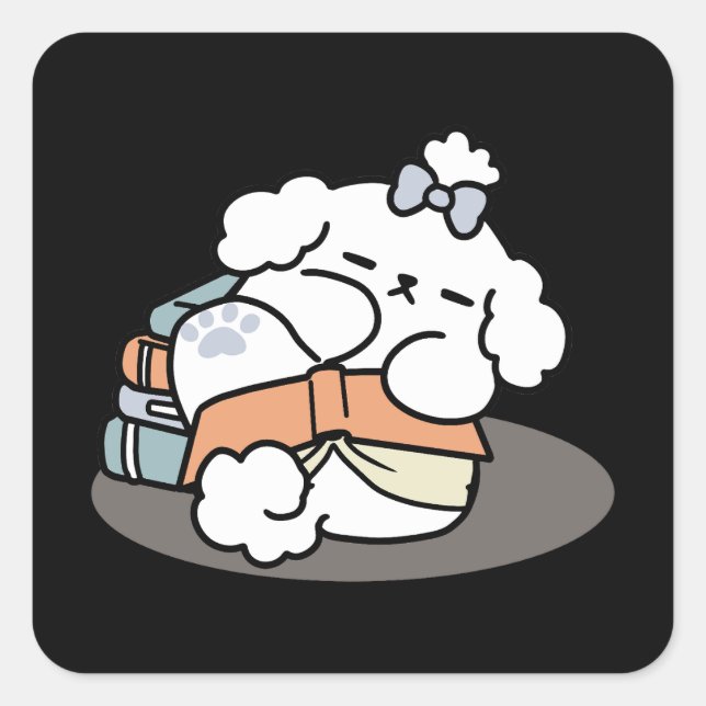 Books and Barks – Cute Sleepy Dog Reading Design Square Sticker (Front)