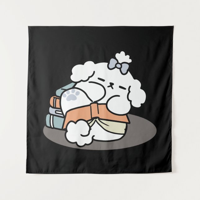 Books and Barks – Cute Sleepy Dog Reading Design Tapestry (Front)