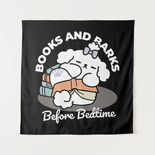 Books and Barks – Cute Sleepy Dog Reading Design Tapestry (Front)