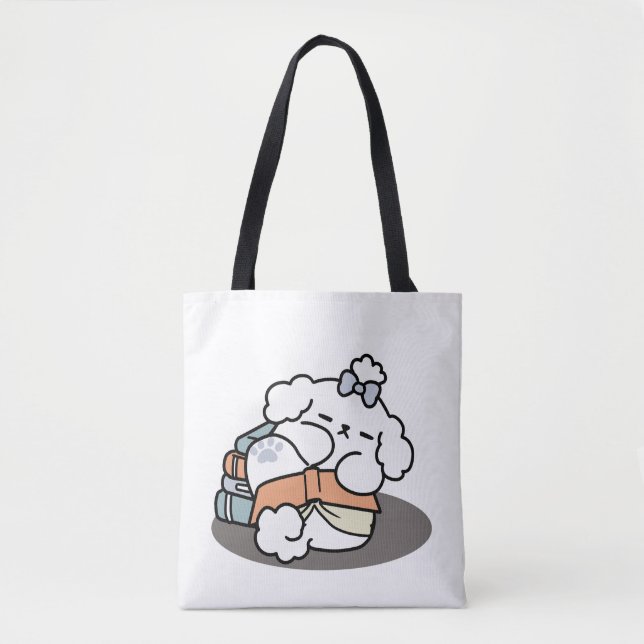 Books and Barks – Cute Sleepy Dog Reading Design Tote Bag (Front)