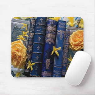 Books and Blossoms (Blue & Yellow) Mouse Pad