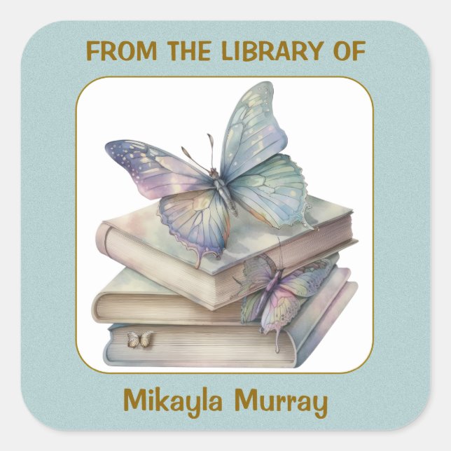 Books and Butterflies Bookplate Square Sticker (Front)