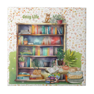 Books and Cat Lovers Hygge Birthday Retirement Ceramic Tile