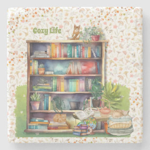 Books and Cat Lovers Hygge Birthday Retirement   Stone Coaster