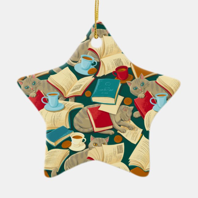 Books and cats ceramic ornament (Front)
