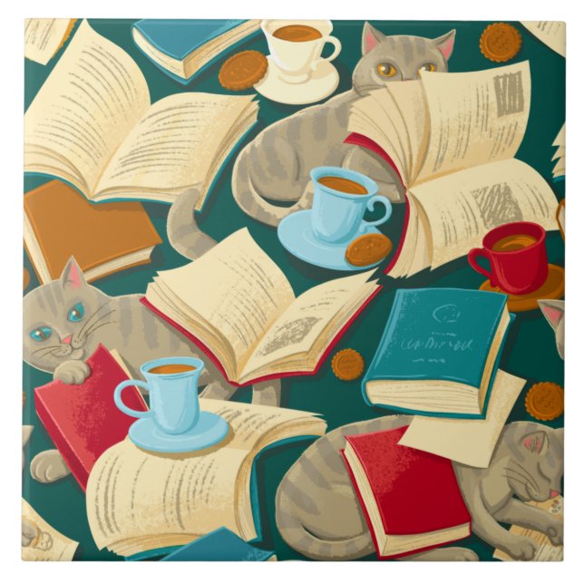 Books and cats ceramic tile (Front)