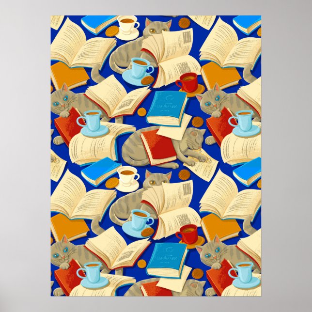 Books and cats on blue poster (Front)
