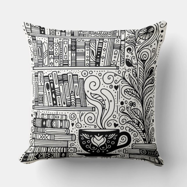 Books And Coffee Colour Me Doodle 2 Cushion (Front)