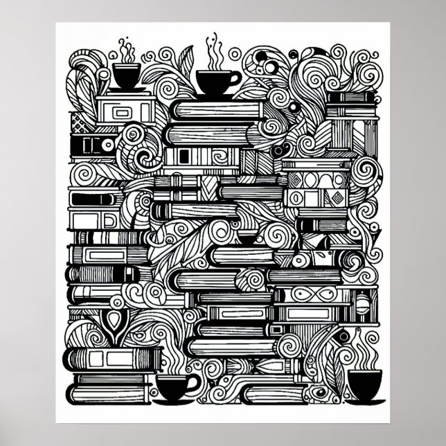 Books And Coffee Colour Me Doodle Poster (Front)
