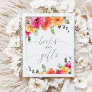 Books and gifts baby shower colourful bright flora poster