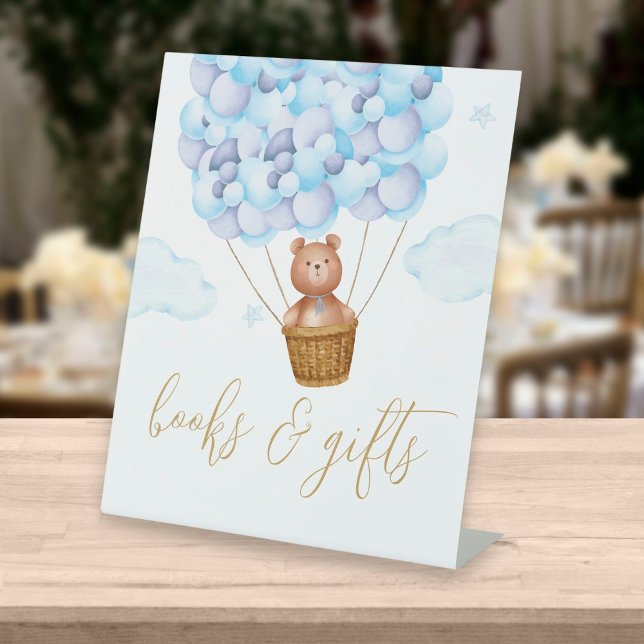 Books And Gifts Bear Blue Balloons Baby Shower Pedestal Sign (Creator Uploaded)