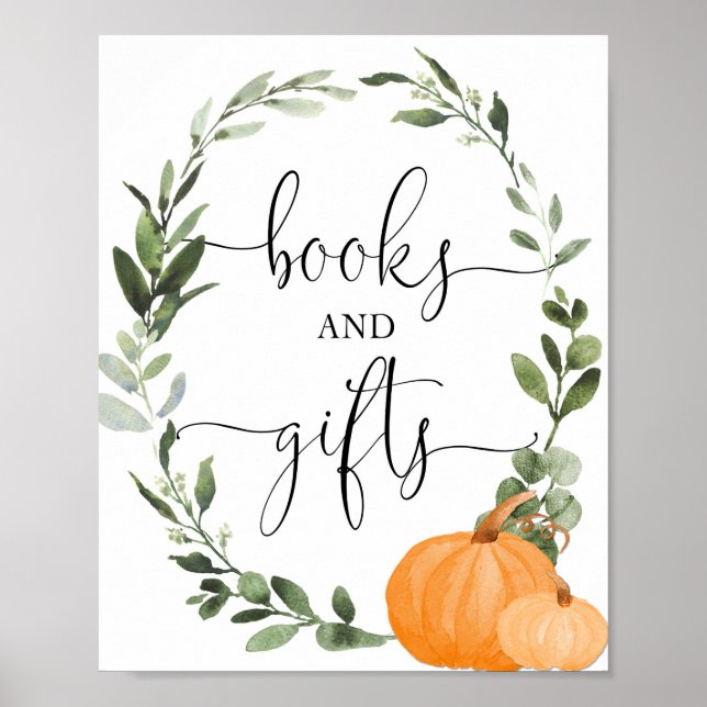 Books and gifts fall pumpkins baby shower sign (Front)