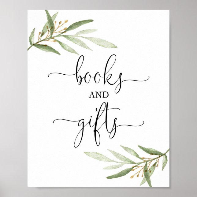 Books and gifts greenery gold baby shower sign (Front)