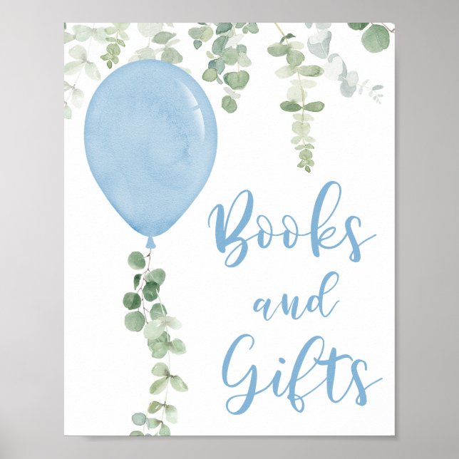 Books and gifts sign blue balloons baby shower (Front)