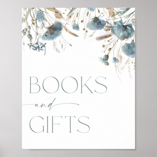 Books and gifts sign boho dusty blue wildflower (Front)