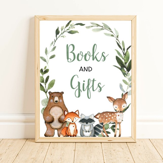 Books and gifts woodland greenery baby shower sign (Creator Uploaded)
