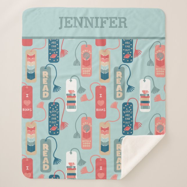 Books and Reading Themed Bookmarks Patterned Sherpa Blanket (Front)