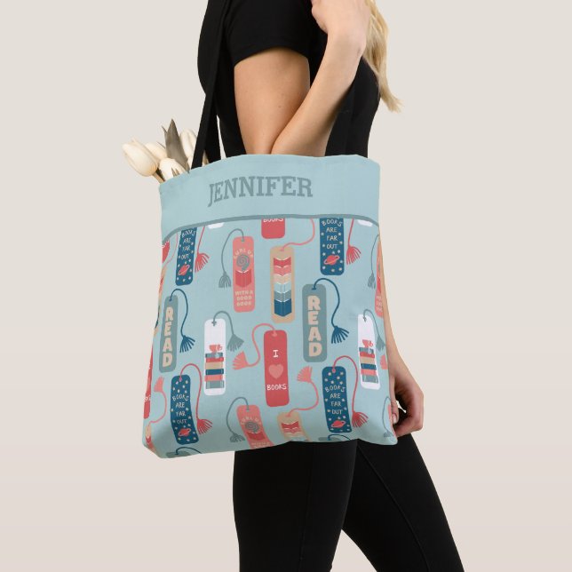 Books and Reading Themed Bookmarks Patterned Tote Bag (Close Up)