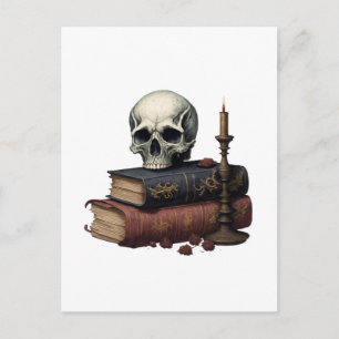 Books and Skull and Candle Halloween Postcard